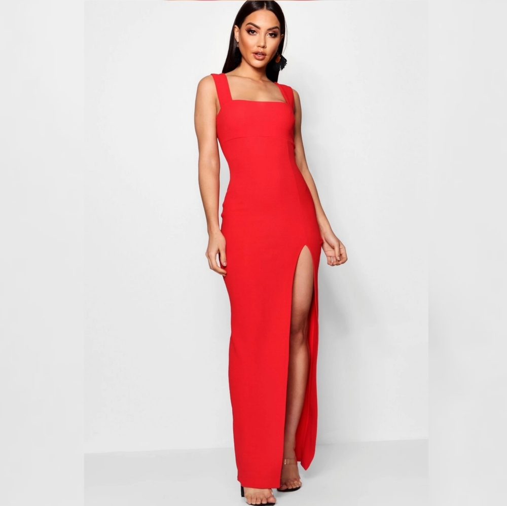 BOOHOO Size 6 Red maxi dress with side slit